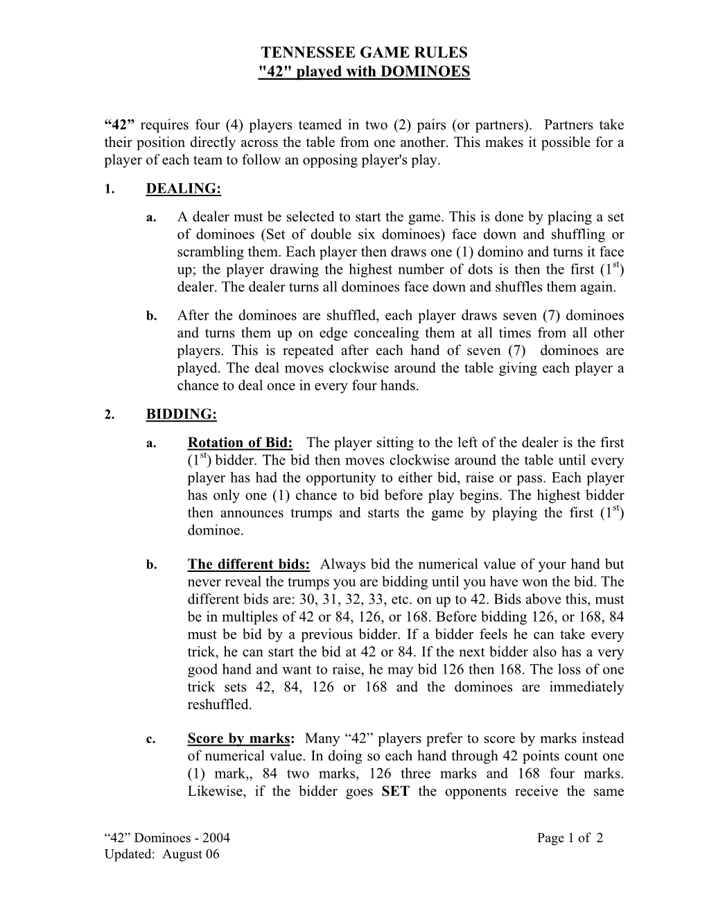 TENNESSEE GAME RULES "42" Played with DOMINOES