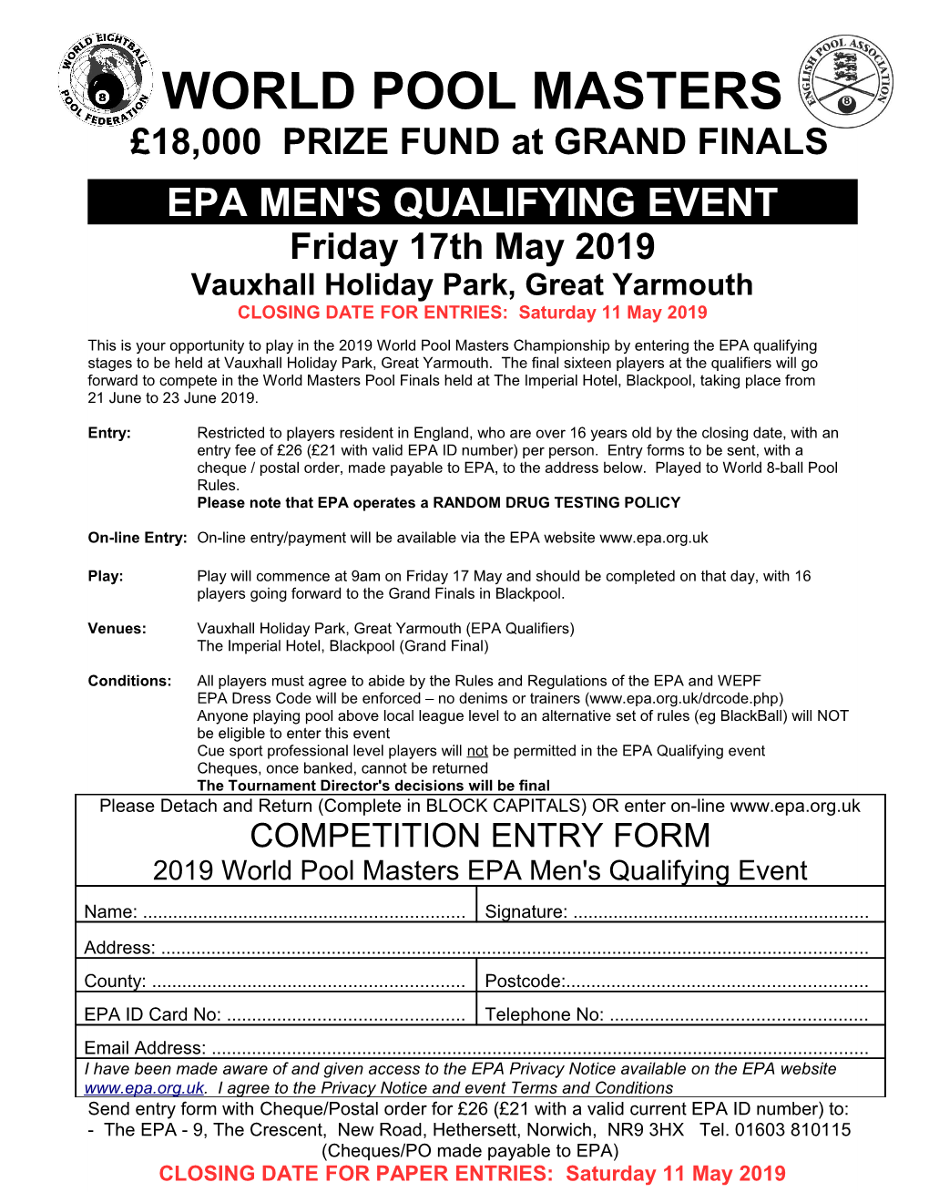 2019 Mens World Masters Entry Form