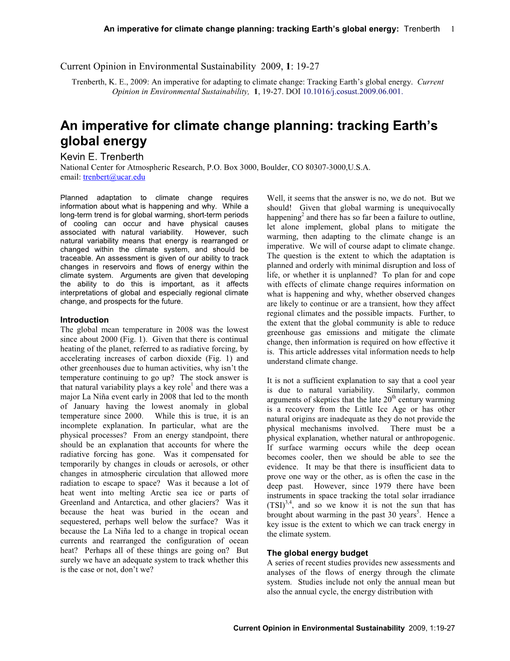An Imperative for Climate Change Planning: Tracking Earth’S Global Energy: Trenberth 1