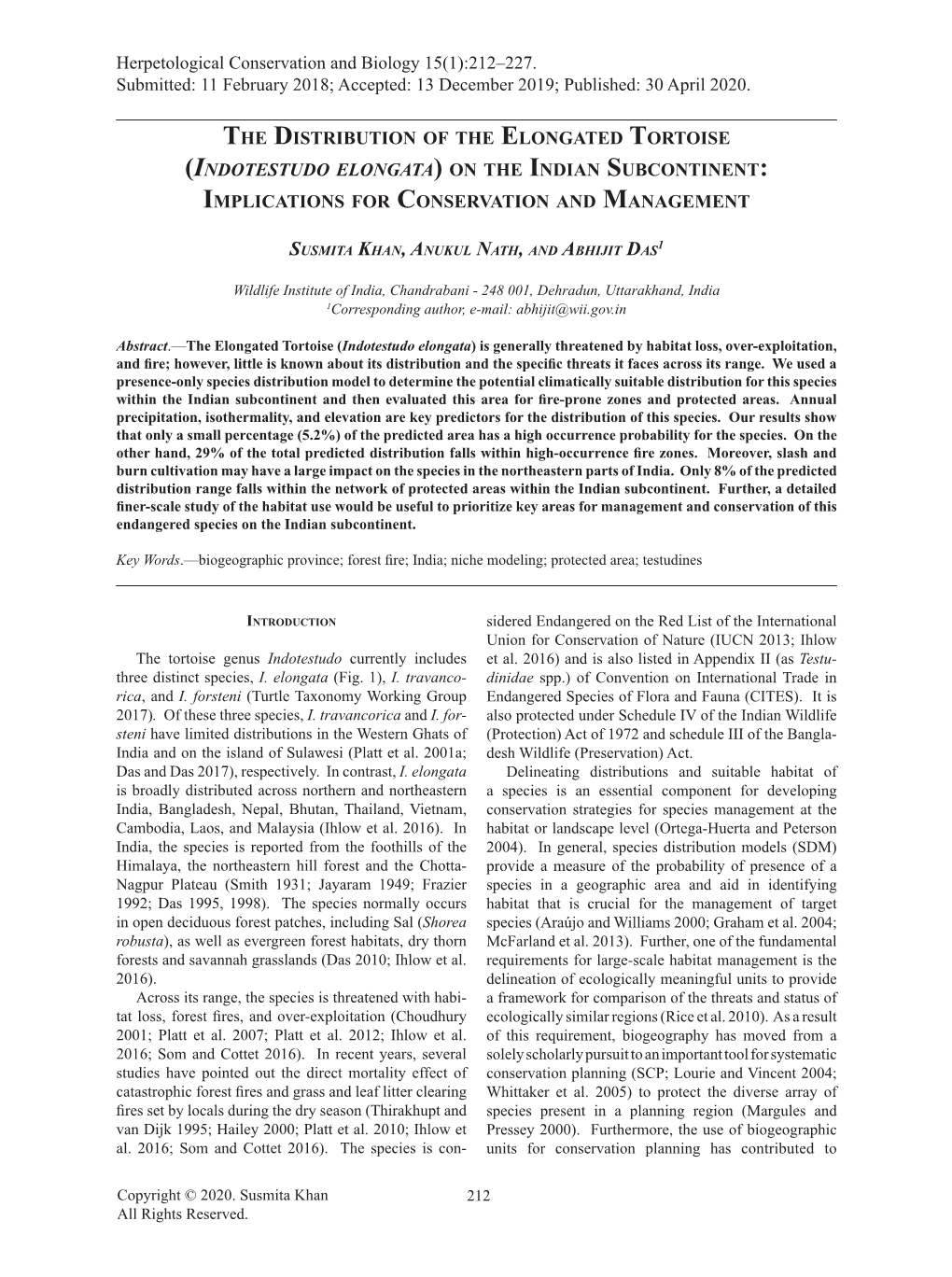 The Distribution of the Elongated Tortoise (Indotestudo Elongata) on the Indian Subcontinent: Implications for Conservation and Management