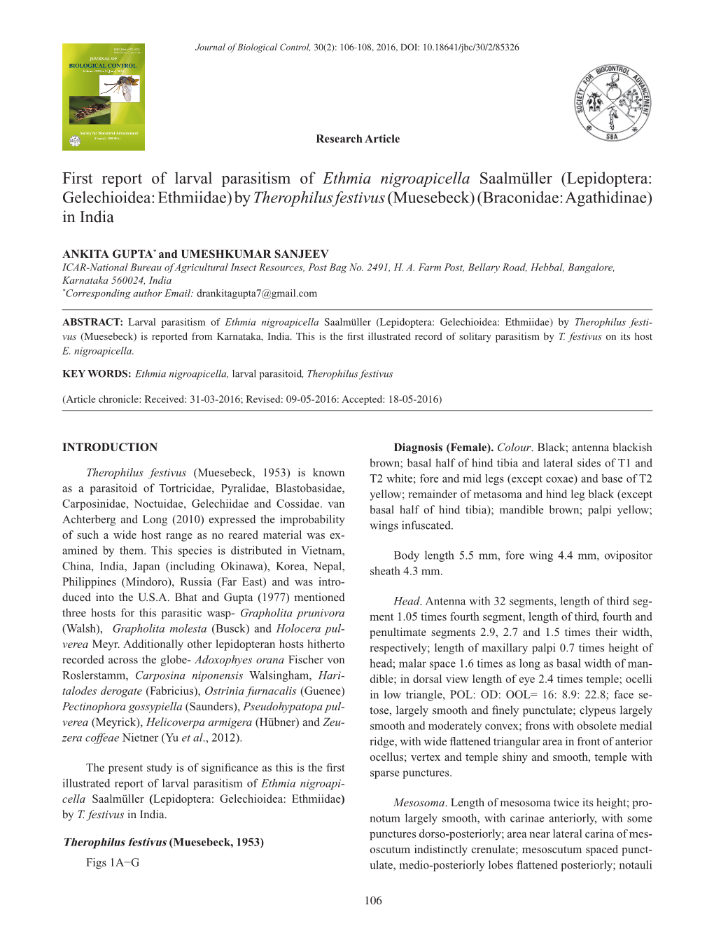 First Report of Larval Parasitism of Ethmia Nigroapicella Saalmüller