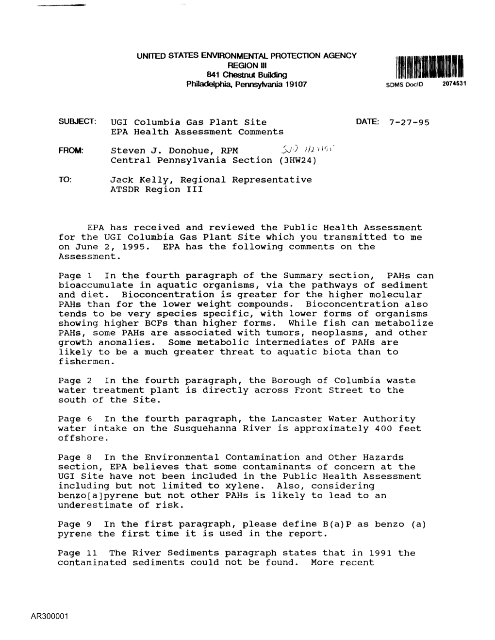 Public Health Assessment for the UGI Columbia Gas Plant Site Which You Transmitted to Me on June 2, 1995