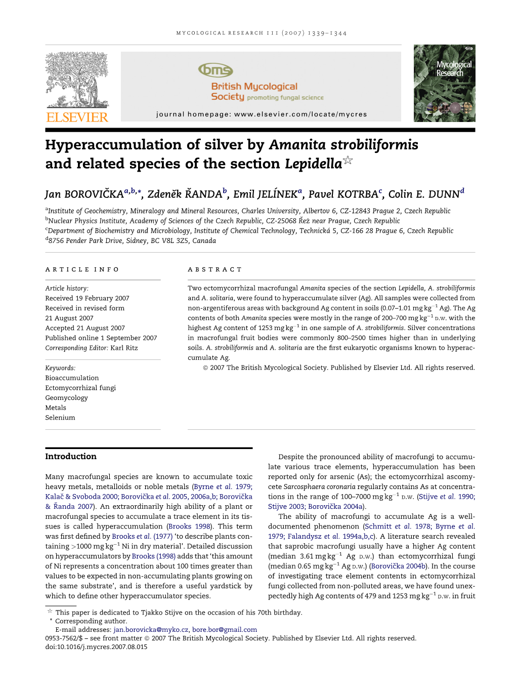 Hyperaccumulation of Silver by Amanita Strobiliformis and Related