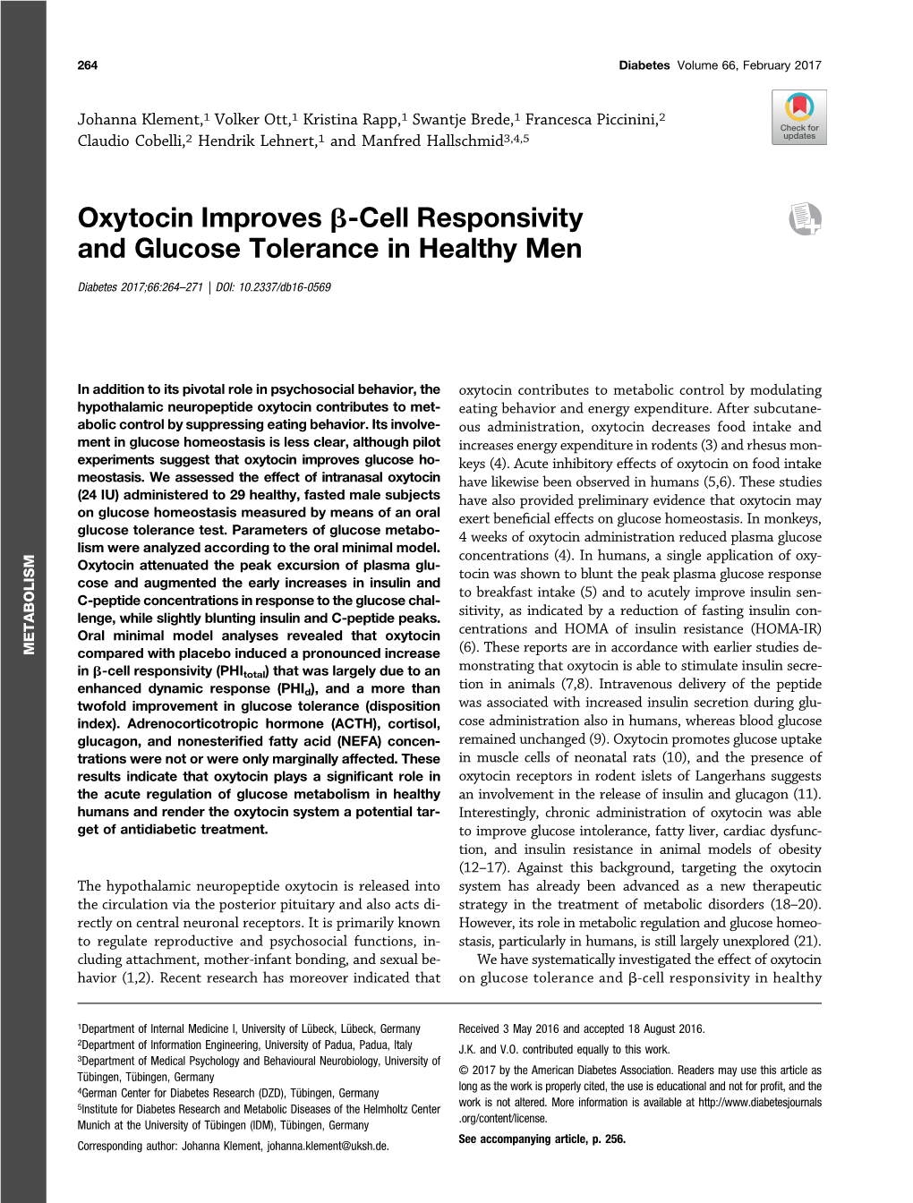 Oxytocin Improves Β-Cell Responsivity and Glucose Tolerance in Healthy