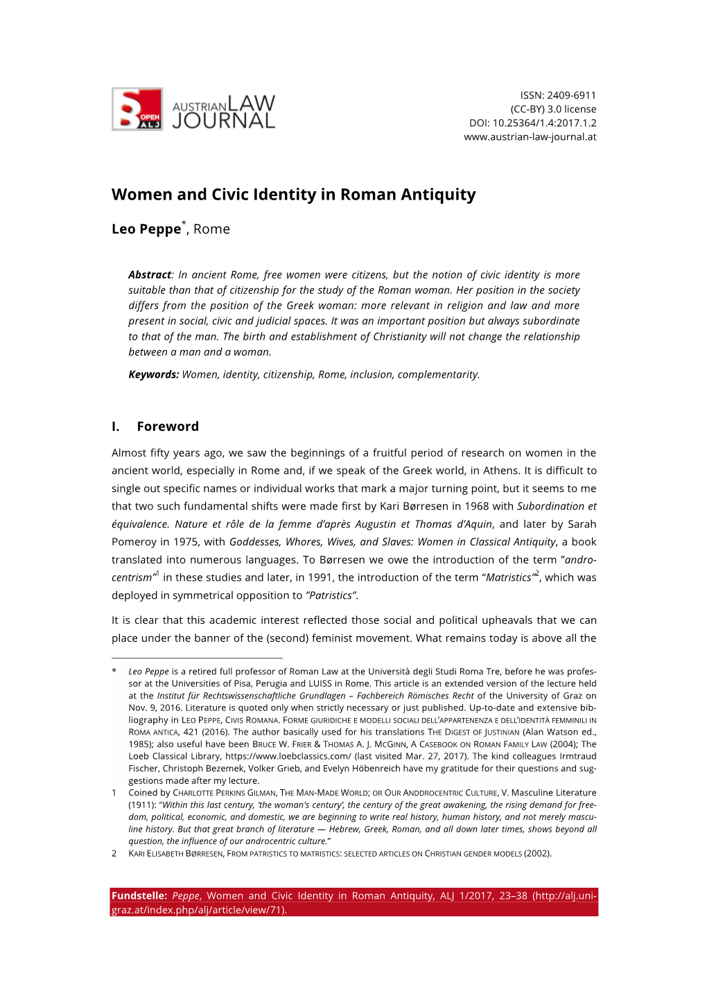 Women and Civic Identity in Roman Antiquity