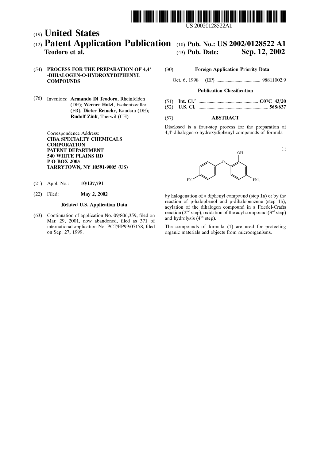 (12) Patent Application Publication (10) Pub. No.: US 2002/0128522 A1 Te0doro Et Al