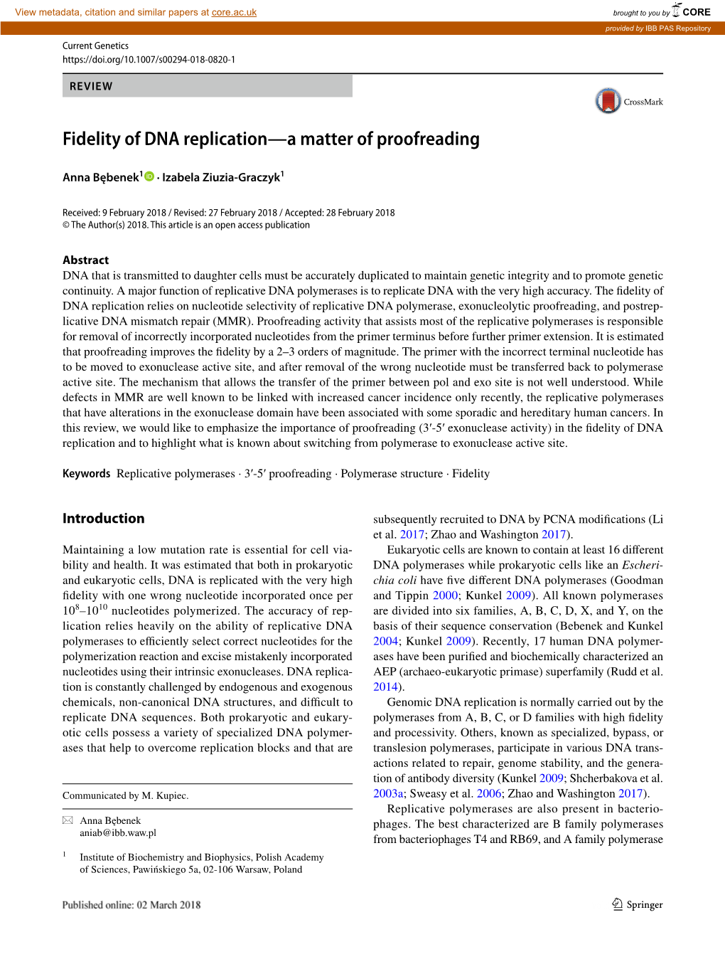 Fidelity of DNA Replication—A Matter of Proofreading