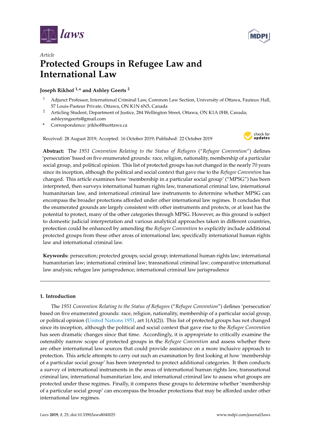 Protected Groups in Refugee Law and International Law