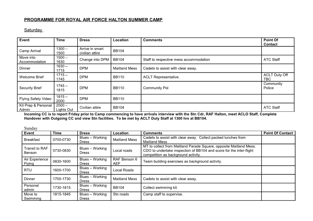 Programme for Royal Air Force Halton Summer Camp