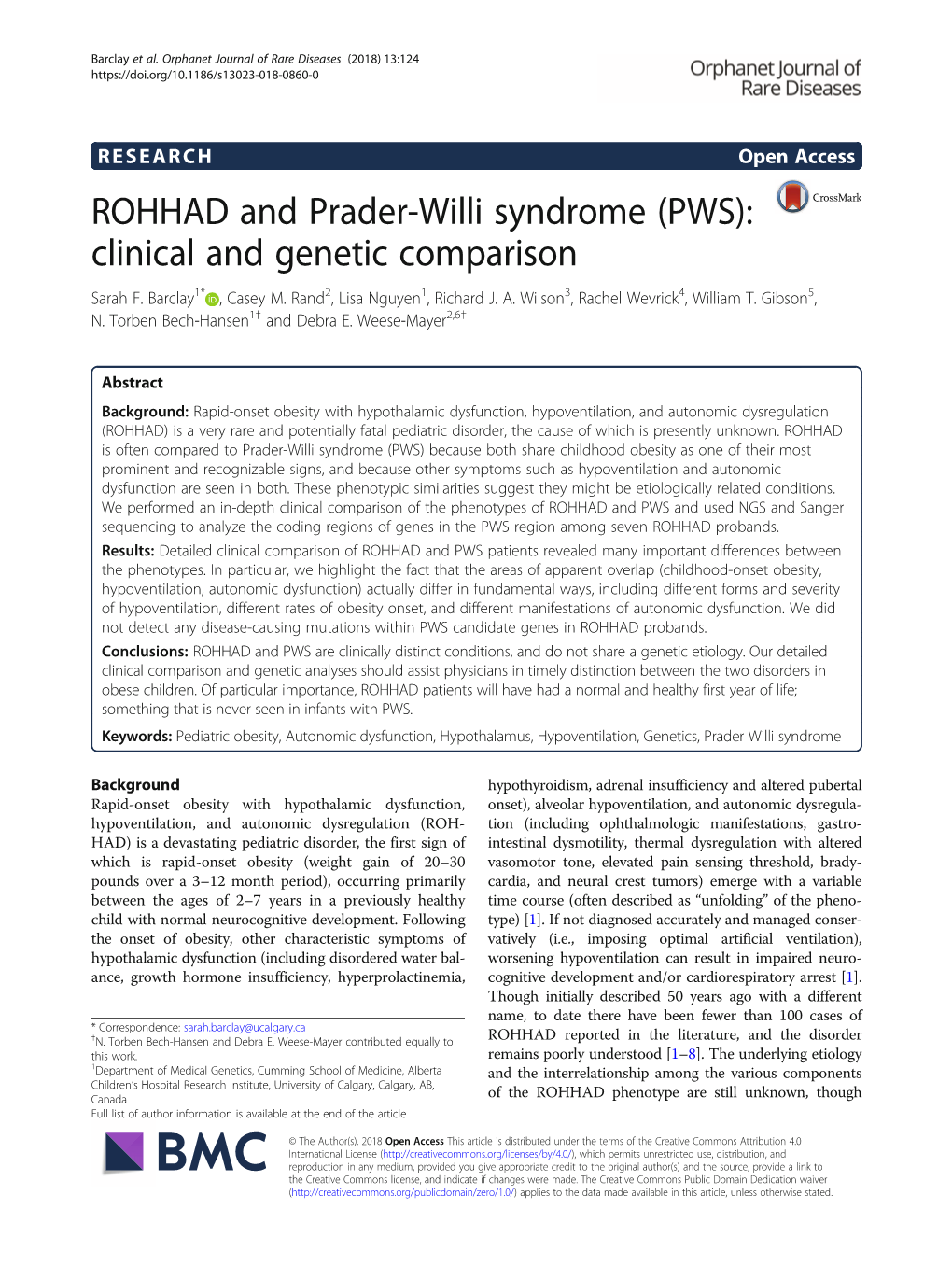 ROHHAD and Prader-Willi Syndrome (PWS): Clinical and Genetic Comparison Sarah F