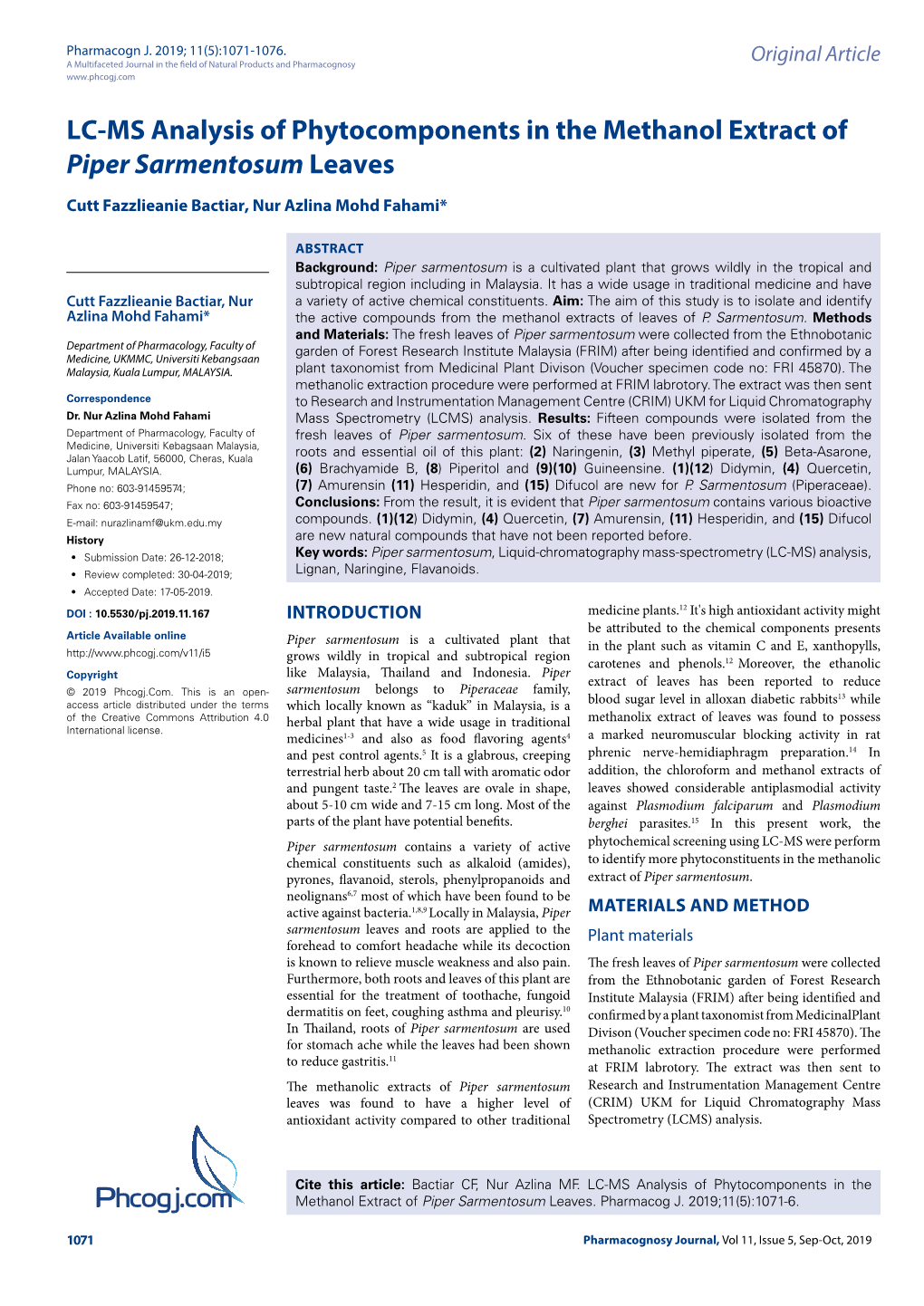 Phcogj.Com LC-MS Analysis of Phytocomponents in the Methanol