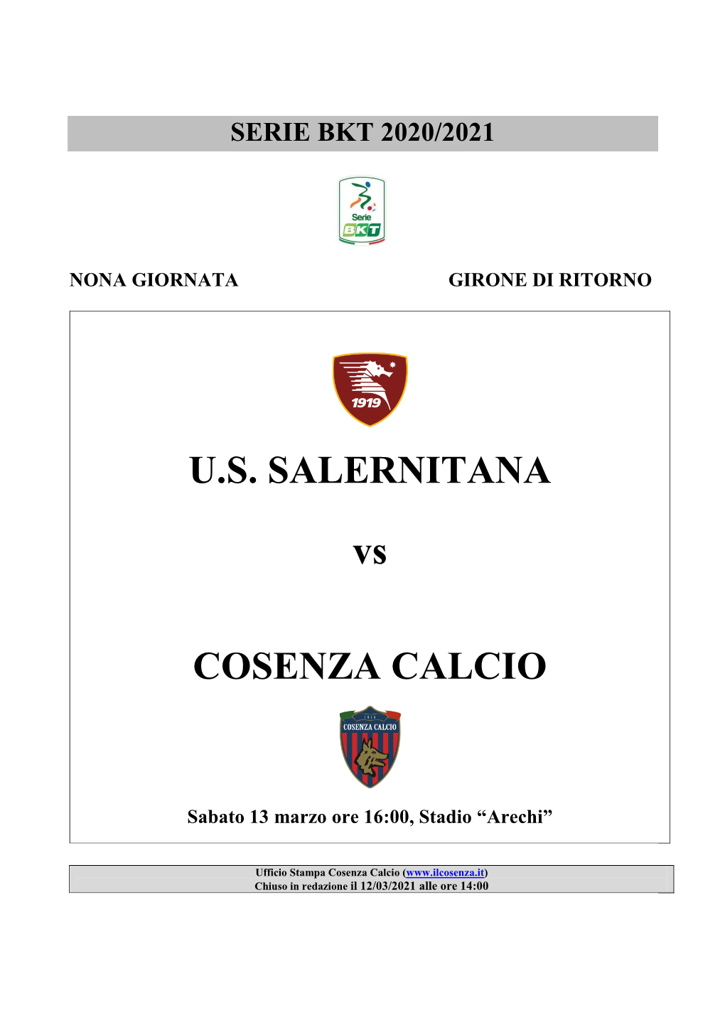 U.S. SALERNITANA Vs COSENZA CALCIO