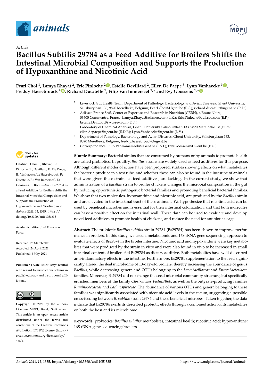 Bacillus Subtilis 29784 As a Feed Additive for Broilers Shifts the Intestinal Microbial Composition and Supports the Production of Hypoxanthine and Nicotinic Acid