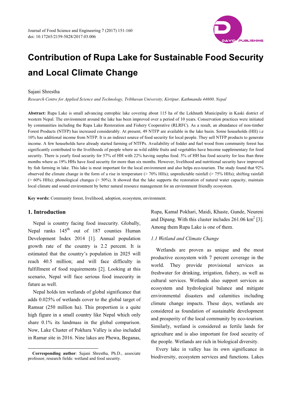 Contribution of Rupa Lake for Sustainable Food Security and Local Climate Change