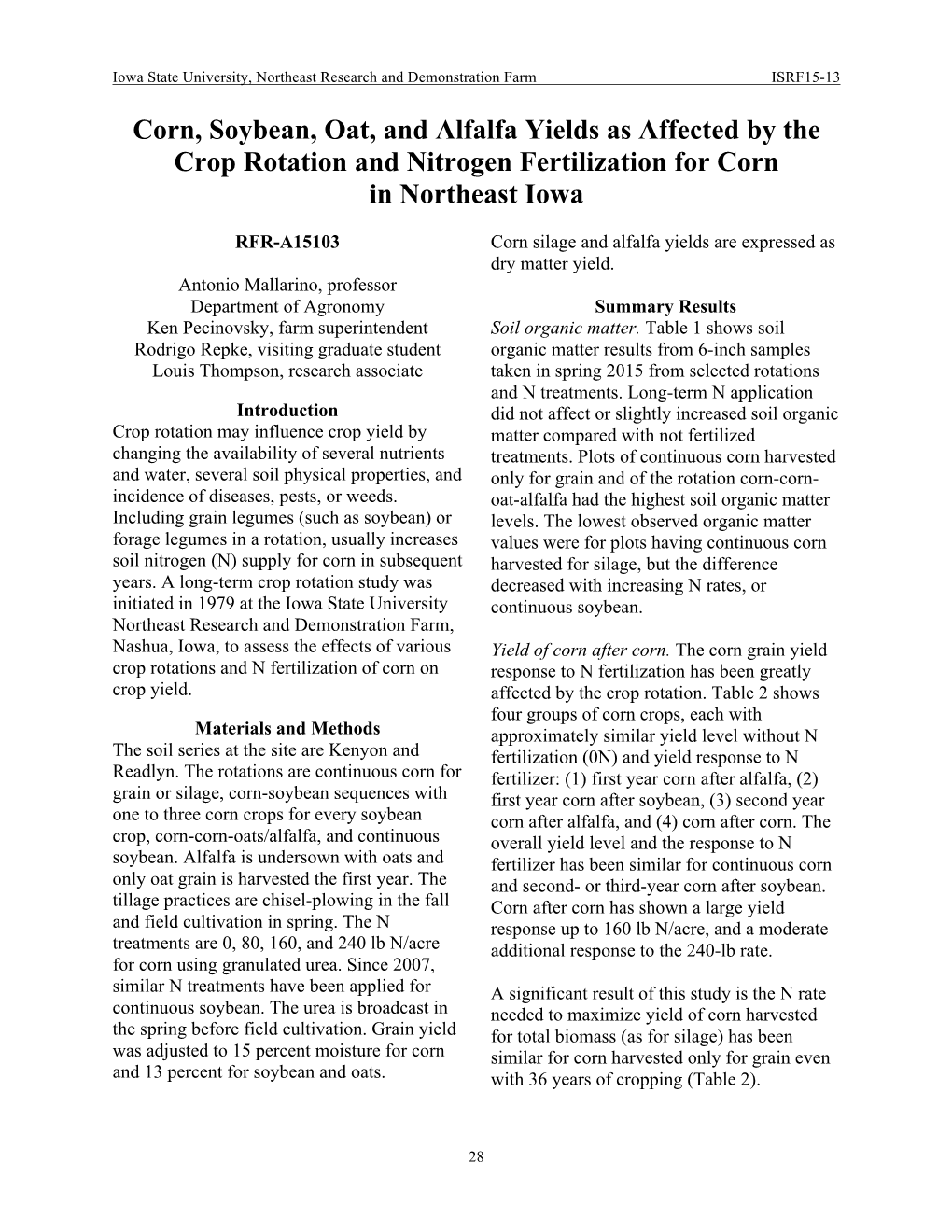 Corn, Soybean, Oat, and Alfalfa Yields As Affected by the Crop Rotation and Nitrogen Fertilization for Corn in Northeast Iowa