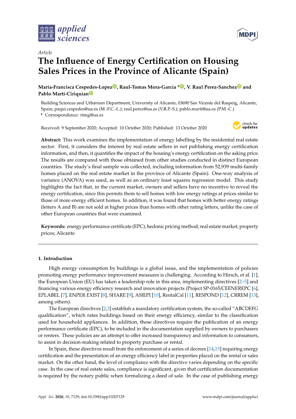 The Influence of Energy Certification on Housing Sales Prices In