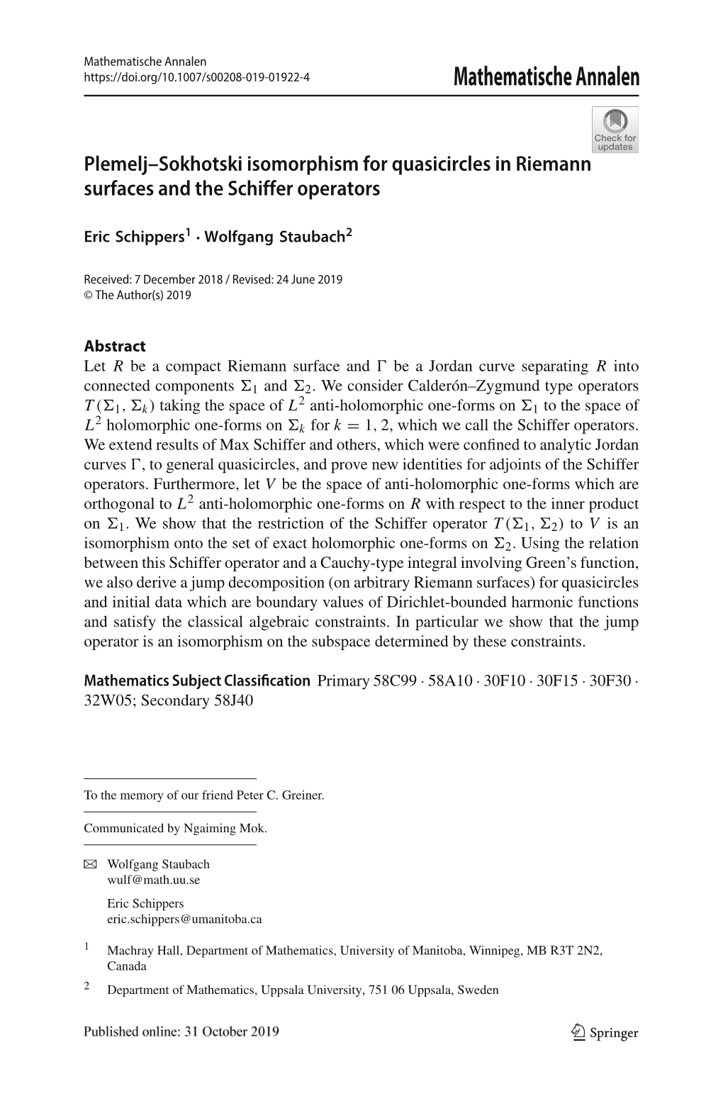 Plemelj–Sokhotski Isomorphism for Quasicircles in Riemann Surfaces and the Schiffer Operators