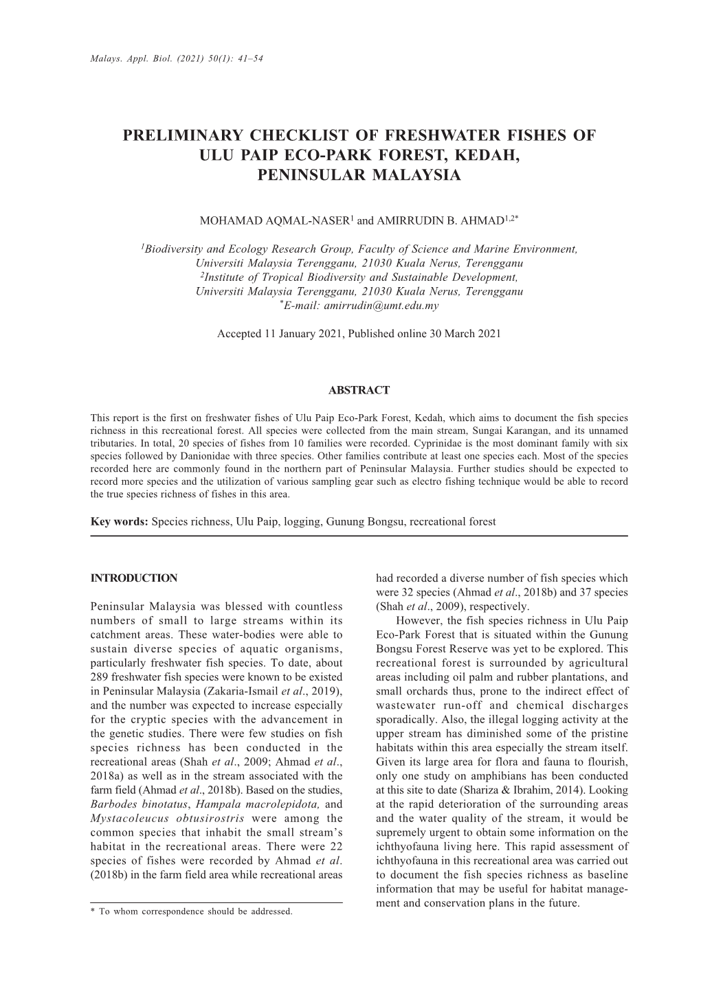 Preliminary Checklist of Freshwater Fishes of Ulu Paip Eco-Park Forest, Kedah, Peninsular Malaysia