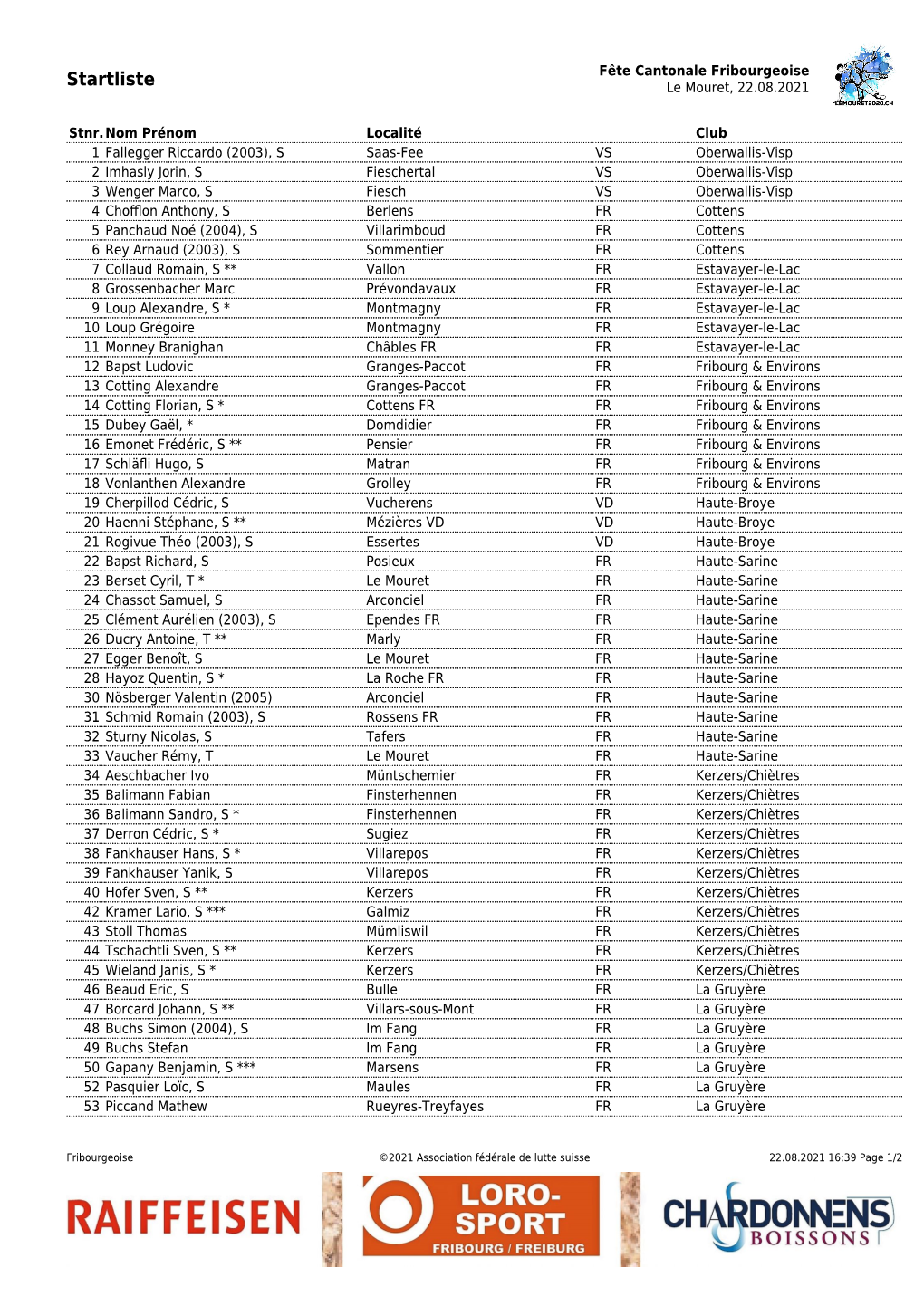 Fête Cantonale Fribourgeoise Startliste Le Mouret, 22.08.2021