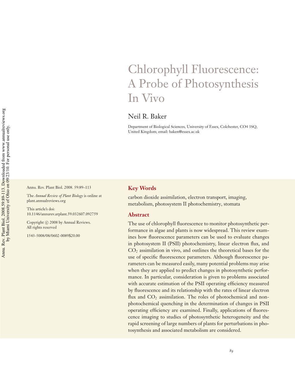 Chlorophyll Fluorescence: a Probe of Photosynthesis in Vivo