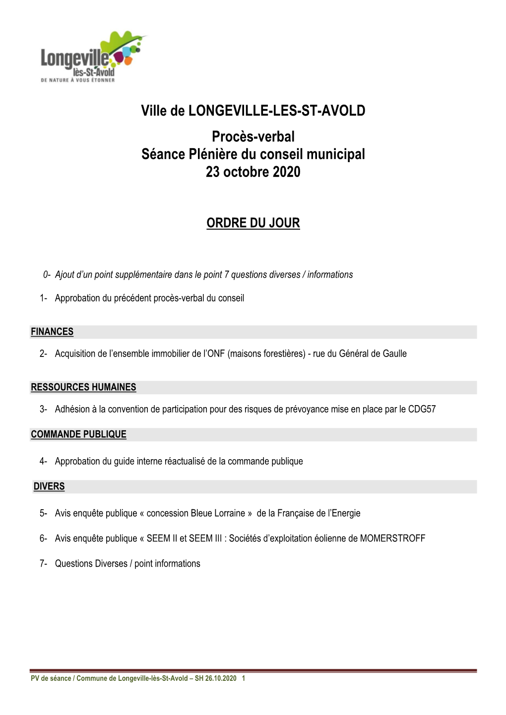 Ville De LONGEVILLE-LES-ST-AVOLD Procès-Verbal Séance Plénière Du Conseil Municipal 23 Octobre 2020