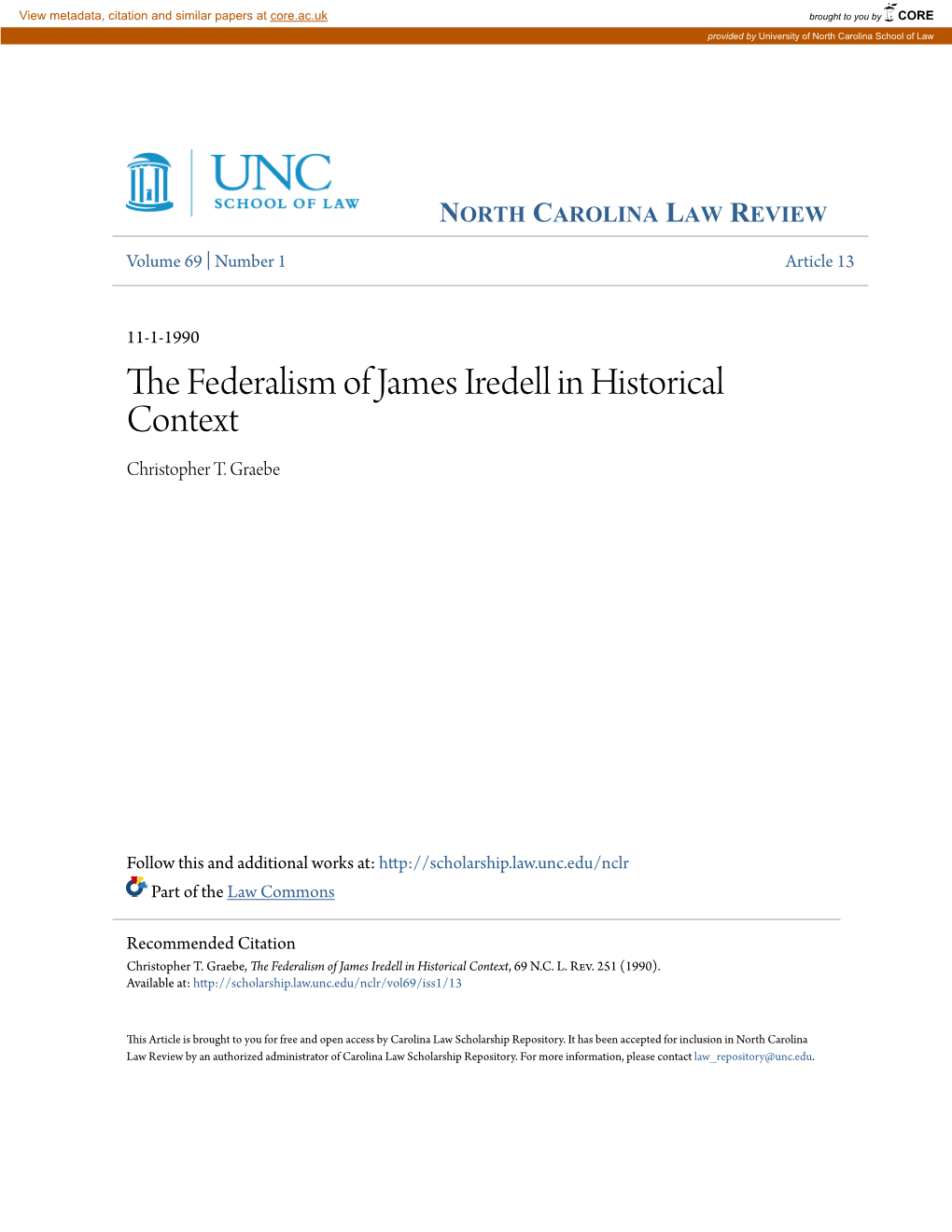 The Federalism of James Iredell in Historical Context, 69 N.C