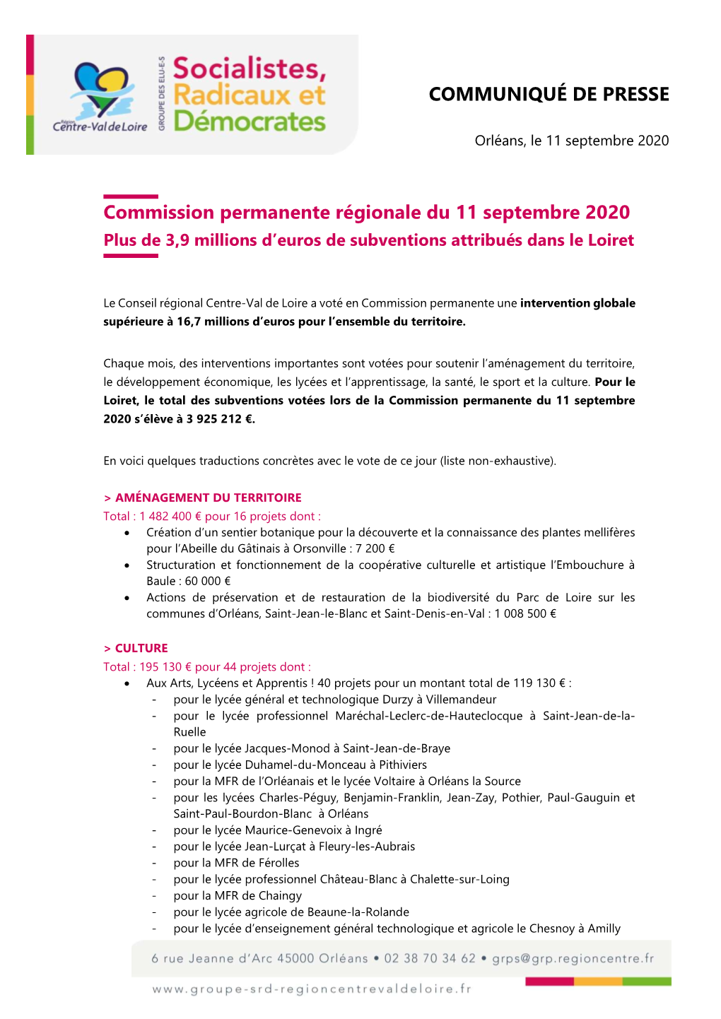 COMMUNIQUÉ DE PRESSE Commission Permanente Régionale