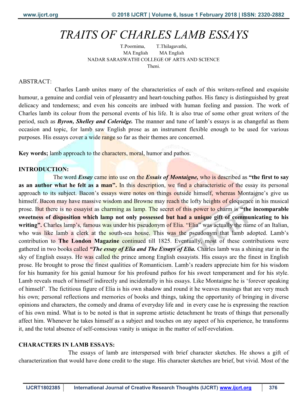 TRAITS of CHARLES LAMB ESSAYS T.Poornima, T.Thilagavathi, MA English MA English NADAR SARASWATHI COLLEGE of ARTS and SCIENCE Theni