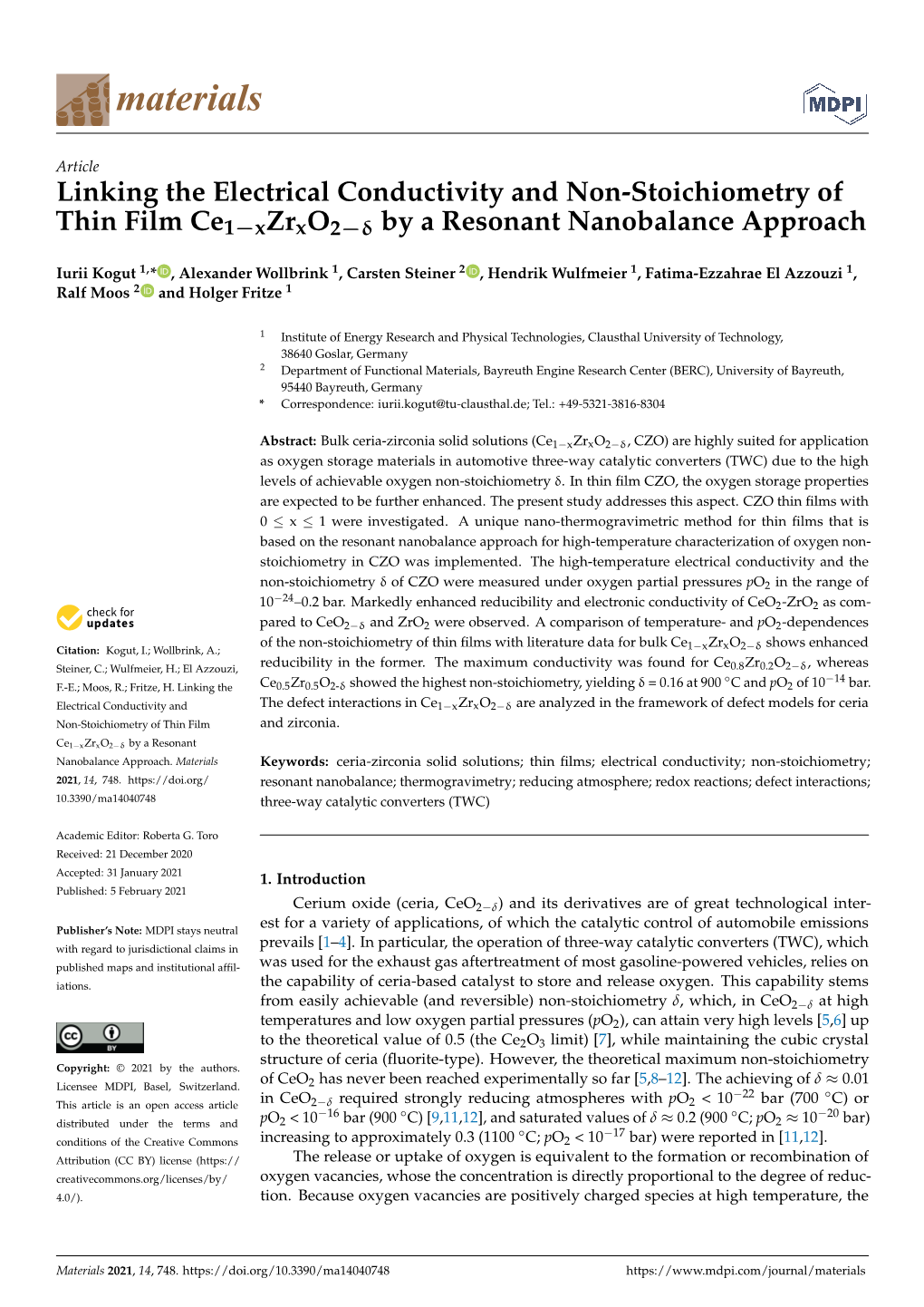 Linking the Electrical Conductivity and Non-Stoichiometry of Thin Film Ce1−Xzrxo2−Δ by a Resonant Nanobalance Approach