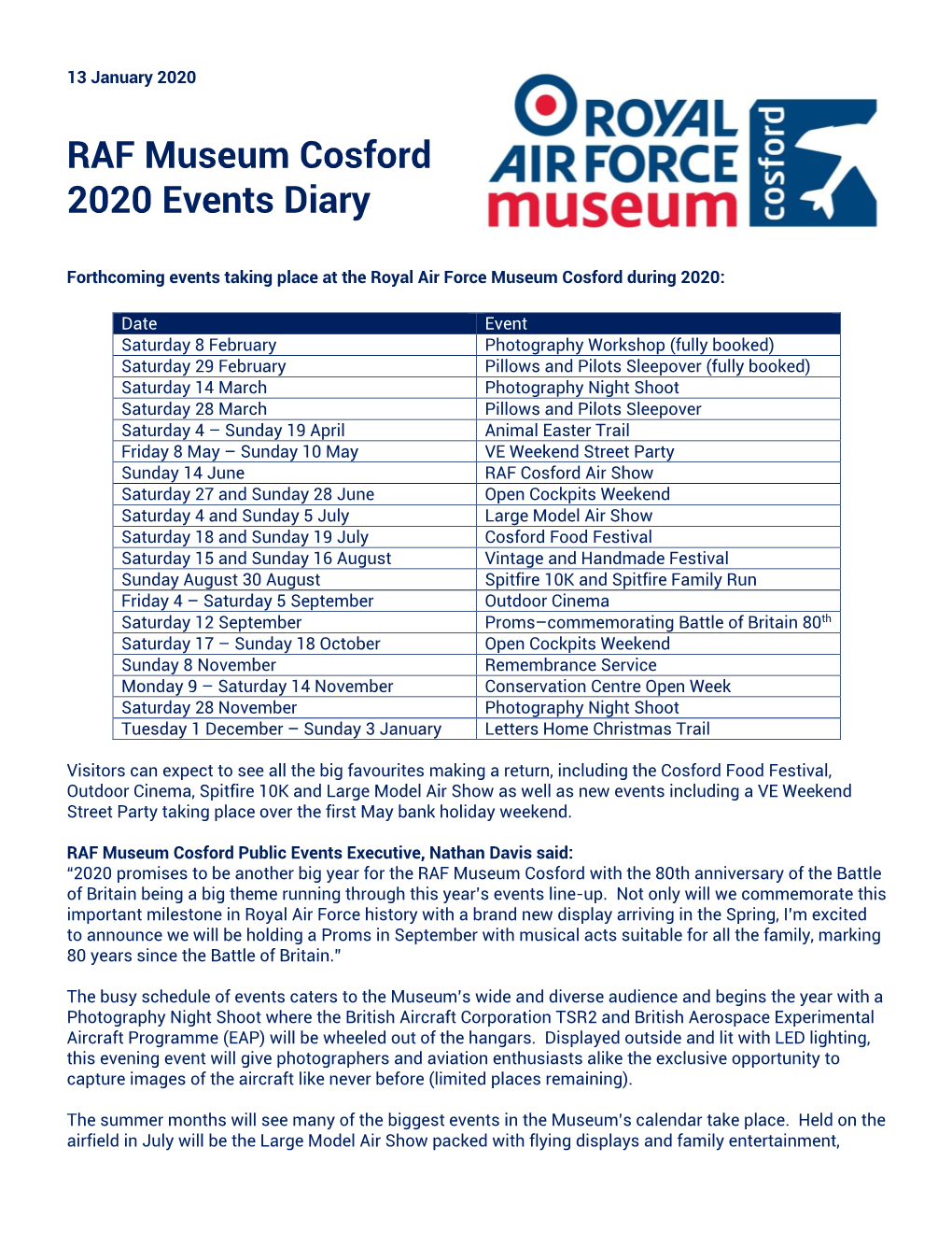 RAF Museum Cosford 2020 Events Diary