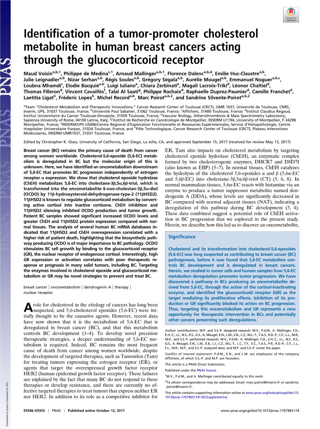 Identification of a Tumor-Promoter Cholesterol Metabolite in Human Breast Cancers Acting Through the Glucocorticoid Receptor