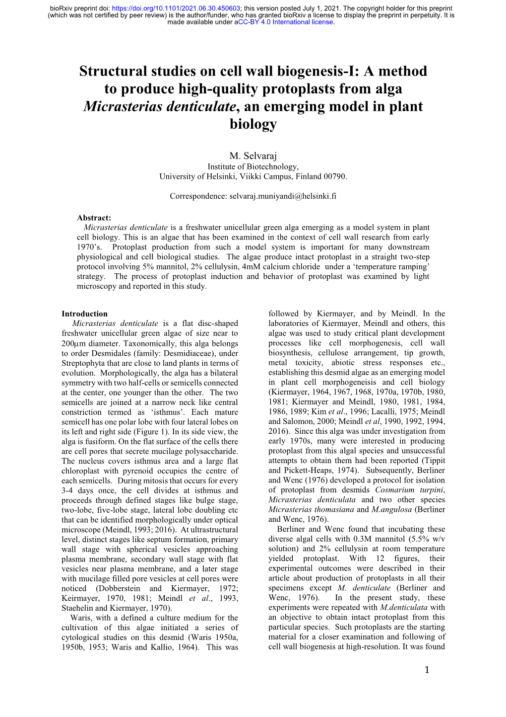 A Method to Produce High-Quality Protoplasts from Alga Micrasterias Denticulate, an Emerging Model in Plant Biology