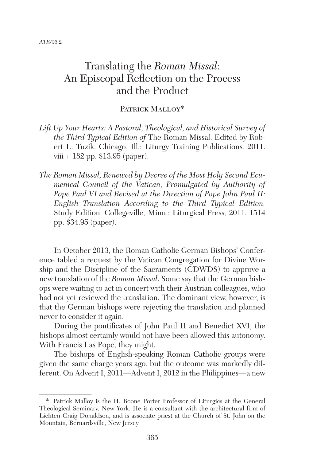 Translating the Roman Missal: an Episcopal Reflection on the Process and the Product