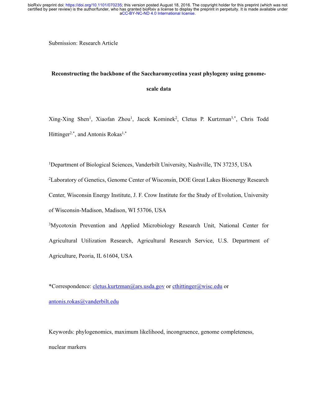 Research Article Reconstructing the Backbone of the Saccharomycotina