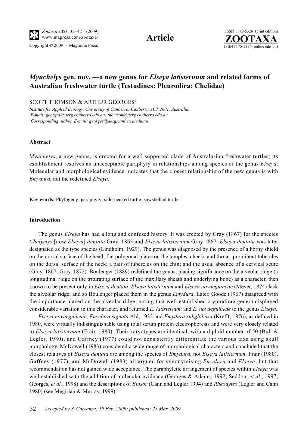 Zootaxa, Myuchelys Gen. Nov. 梐 New Genus for Elseya Latisternum and Related Forms Of