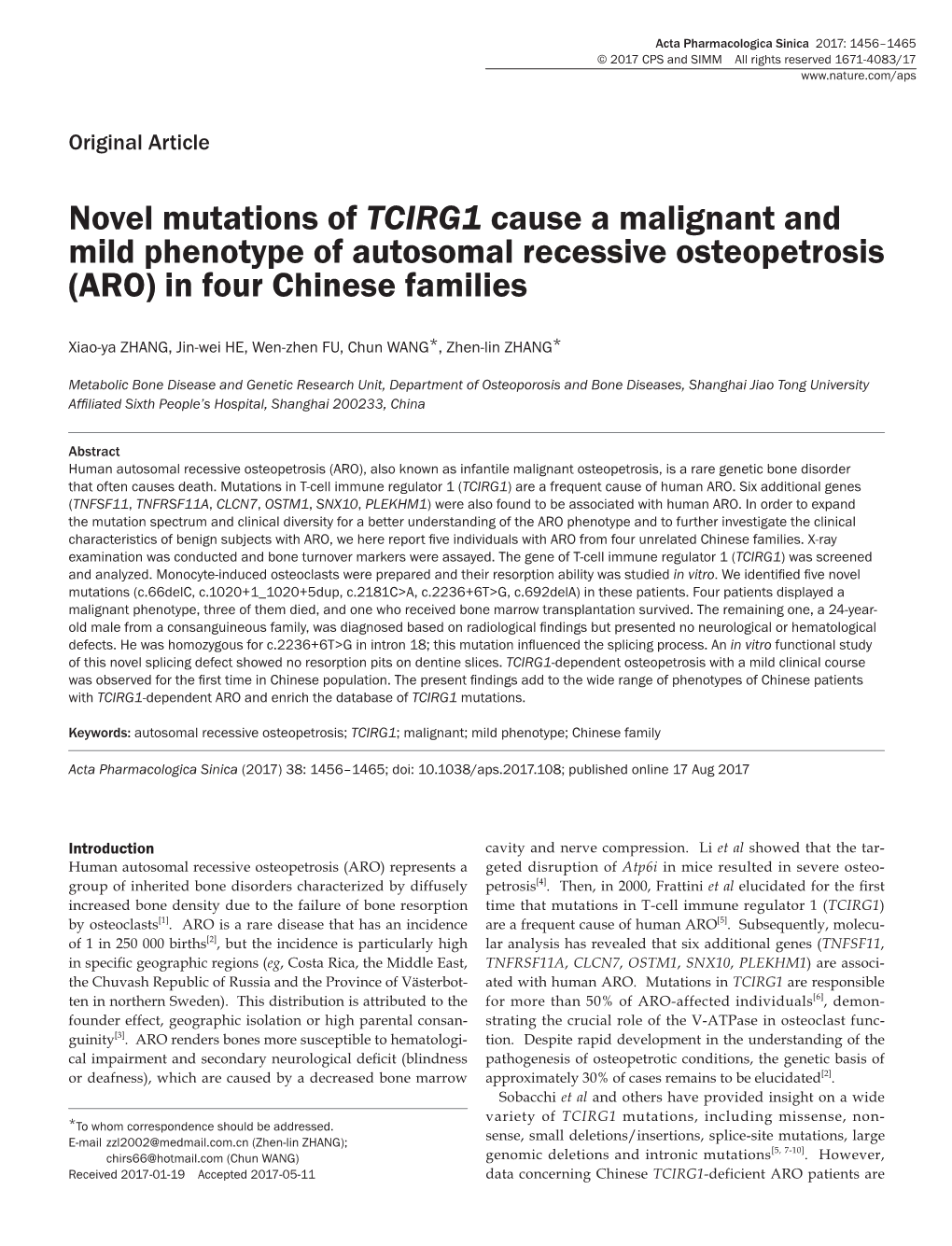 Novel Mutations of TCIRG1 Cause a Malignant and Mild Phenotype of Autosomal Recessive Osteopetrosis (ARO) in Four Chinese Families