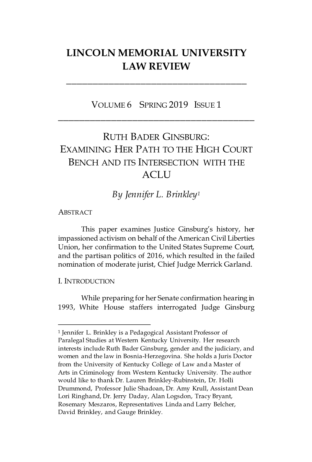 Ruth Bader Ginsburg: Examining Her Path to the High Court Bench and Its Intersection with the Aclu