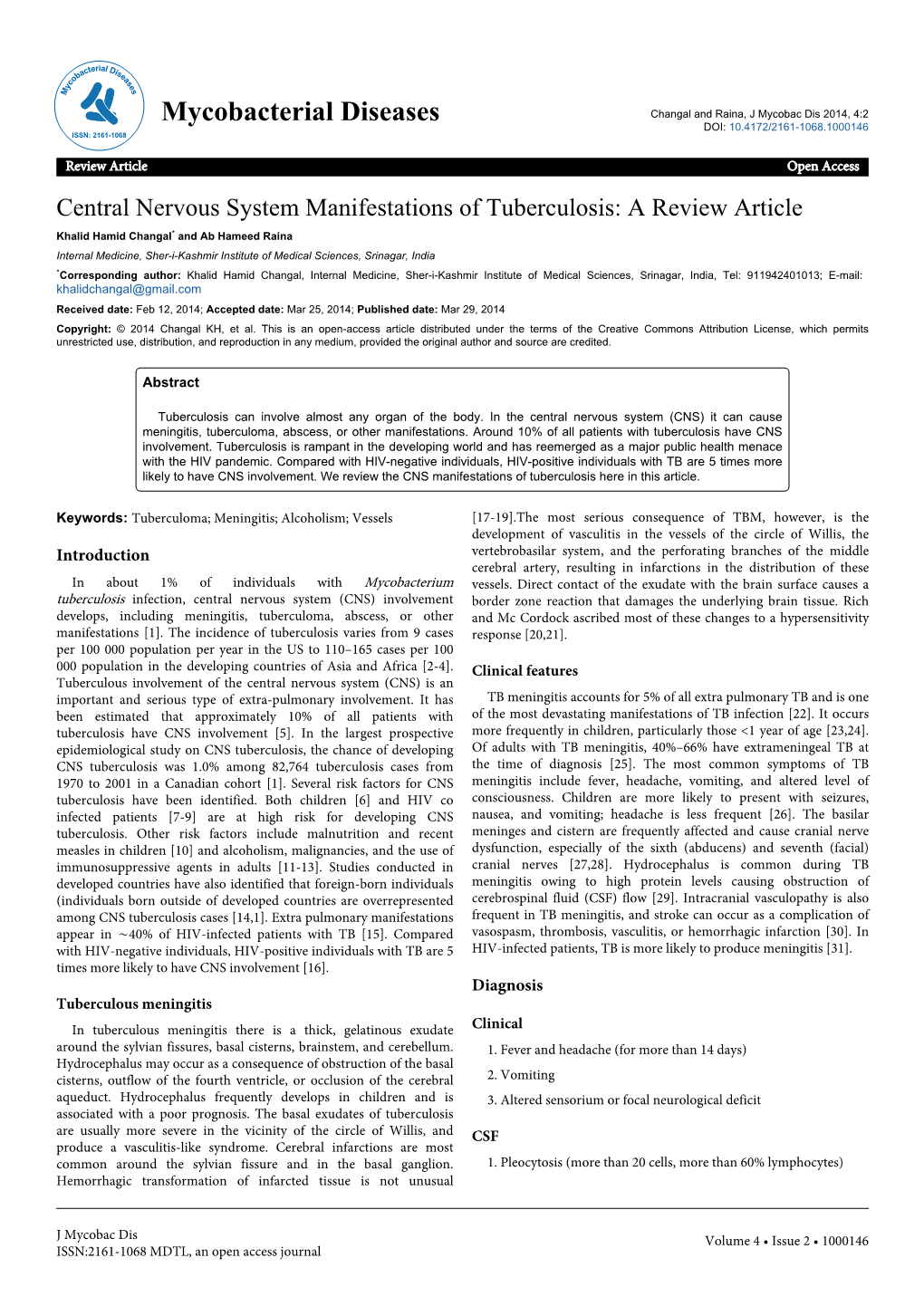 Central Nervous System Manifestations of Tuberculosis: A