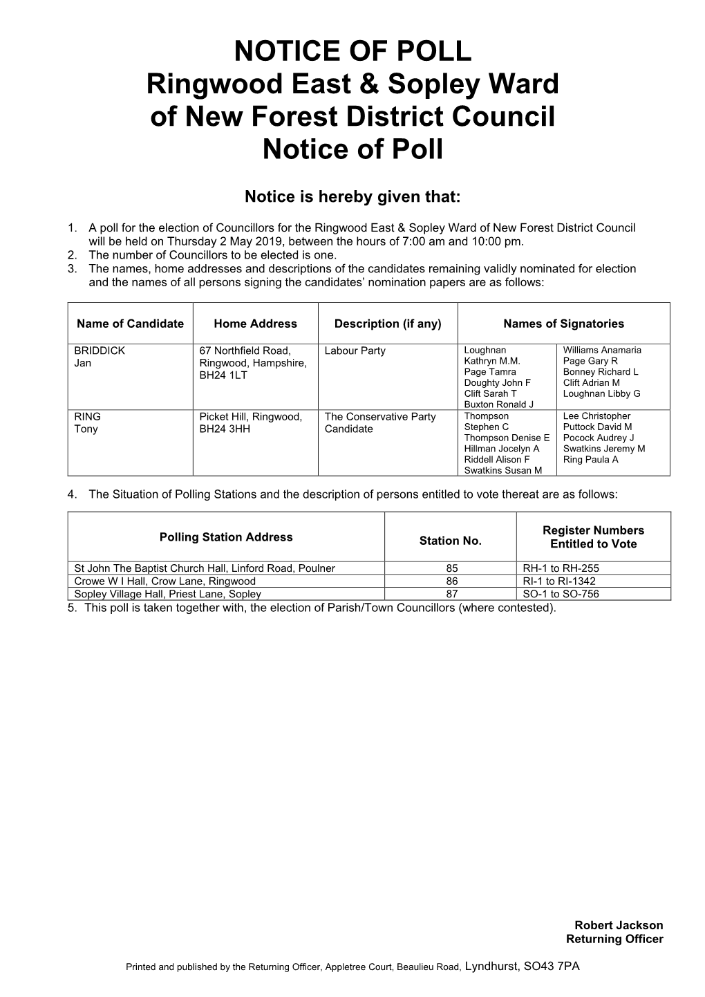 NOTICE of POLL Ringwood East & Sopley Ward of New Forest District
