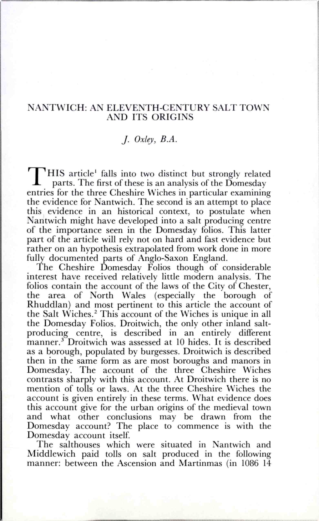 Nantwich: an Eleventh-Century Salt Town and Its Origins