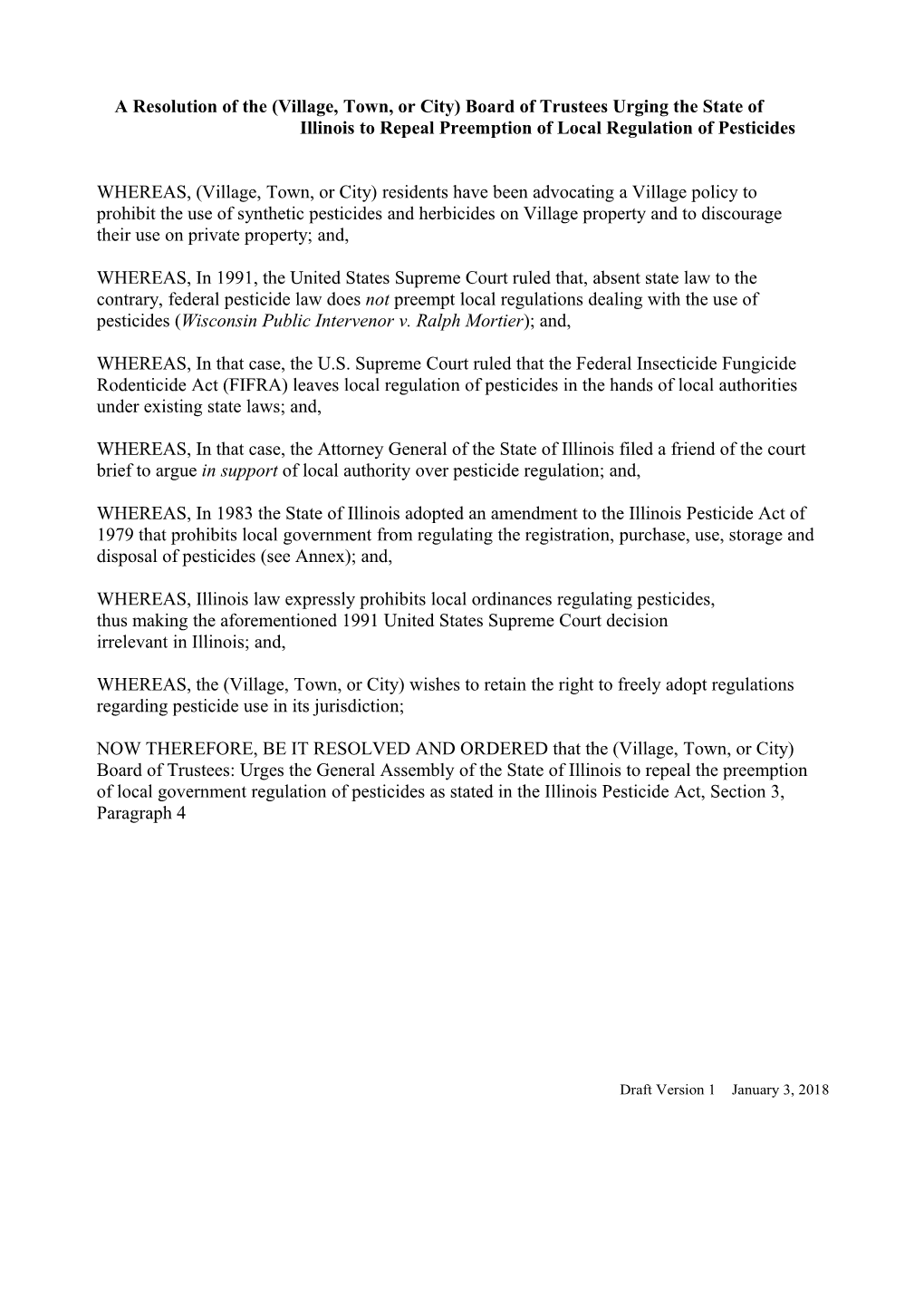 A Resolution of the (Village, Town, Or City) Board of Trustees Urging the State of Illinois