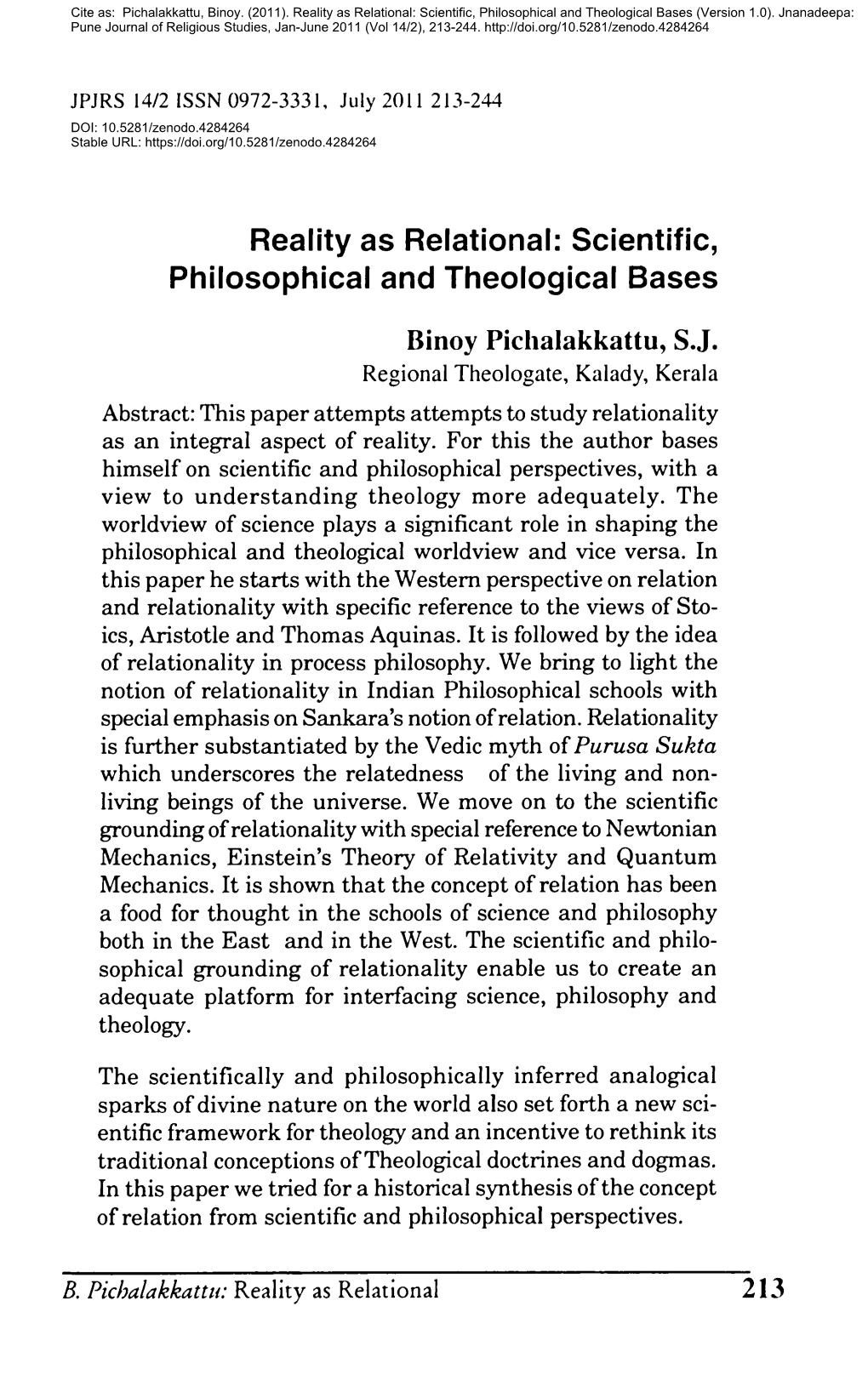 Reality As Relational: Scientific, Philosophical and Theological Bases