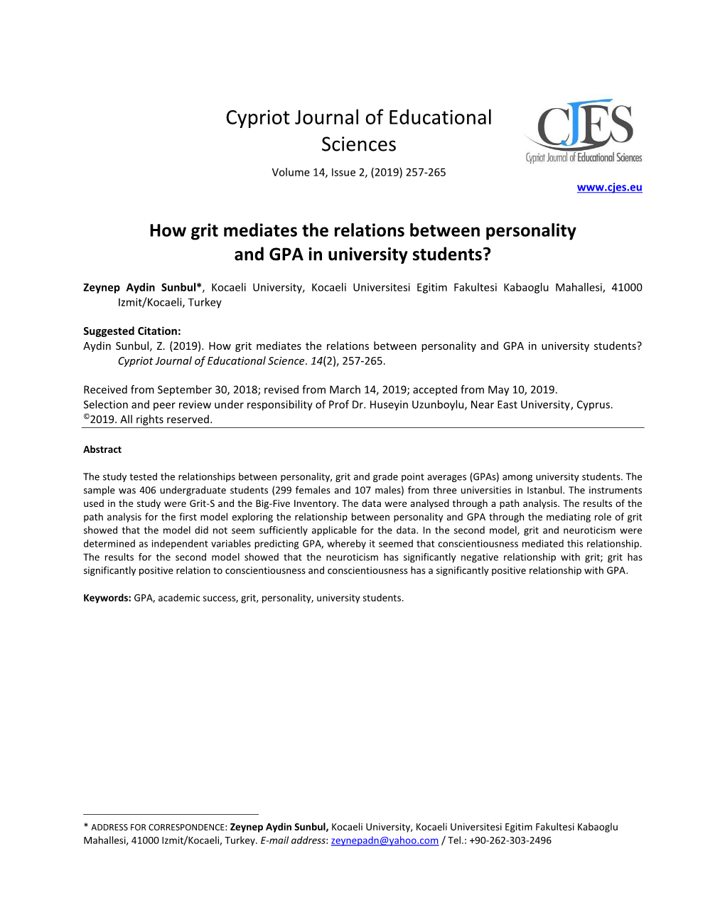 Cypriot Journal of Educational Sciences Volume 14, Issue 2, (2019) 257-265