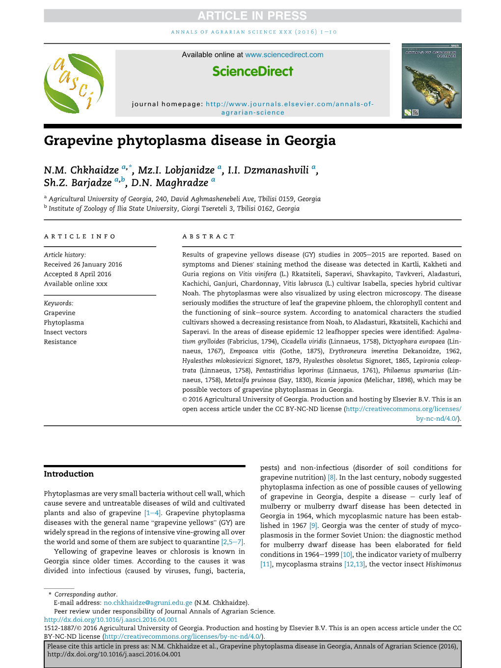 Grapevine Phytoplasma Disease in Georgia