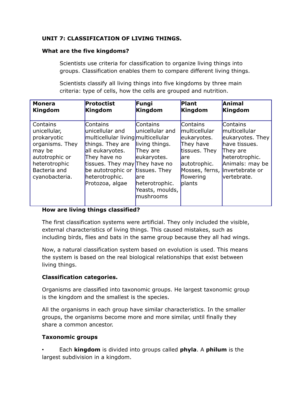 Unit 7: Classification of Living Things