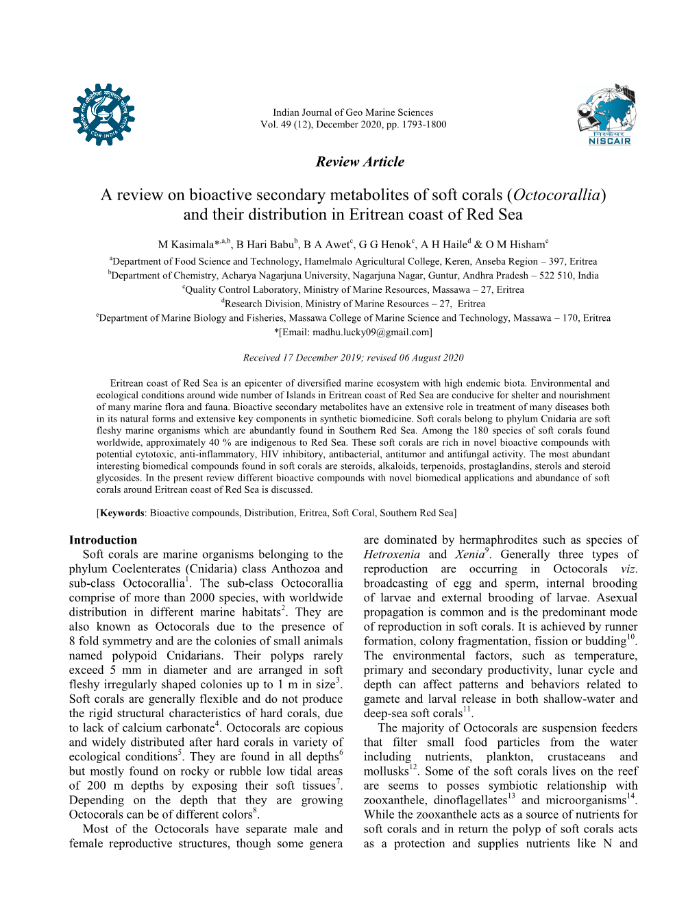 A Review on Bioactive Secondary Metabolites of Soft Corals (Octocorallia) and Their Distribution in Eritrean Coast of Red Sea