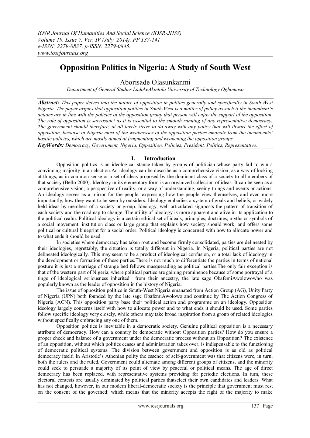 Opposition Politics in Nigeria: a Study of South West