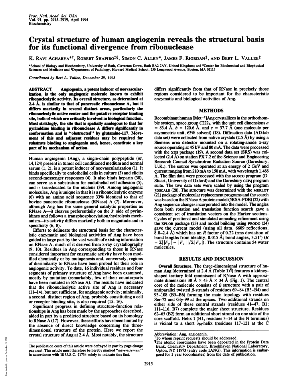 Crystal Structure of Human Angiogenin Reveals the Structural Basis for Its Functional Divergence from Ribonuclease K