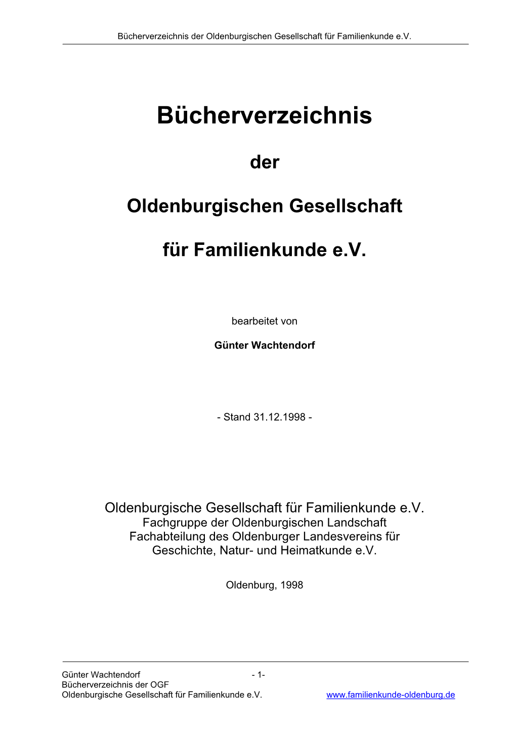 Bücherverzeichnis Der Oldenburgischen Gesellschaft Für Familienkunde E.V