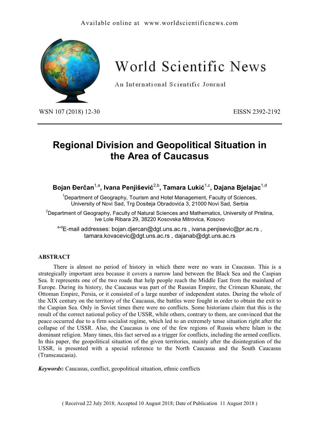 Regional Division and Geopolitical Situation in the Area of Caucasus